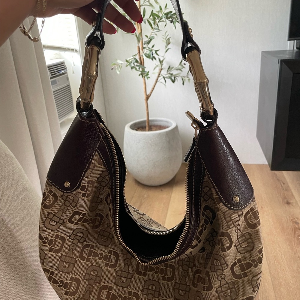 Gucci Brown Leather Hobo Bag with Monogram Pattern